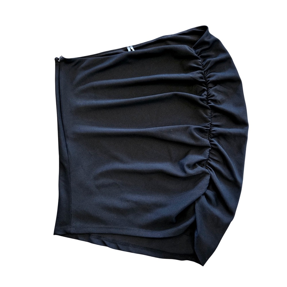 Anthropologie Black Ruched Draped Asymmetrical Mini Skirt XL Stretch, LBS Chic